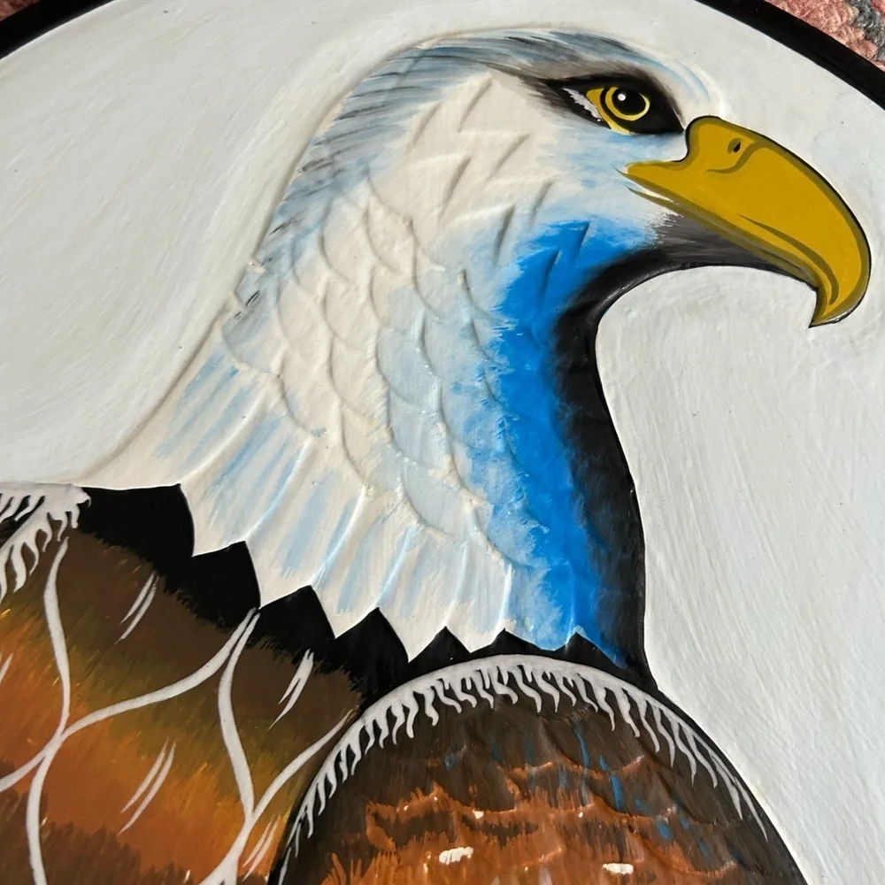 Vintage 11.75" Handpainted Eagle Wall Art White, Blue, Brown, Yellow Indonesia - Picture 10 of 14